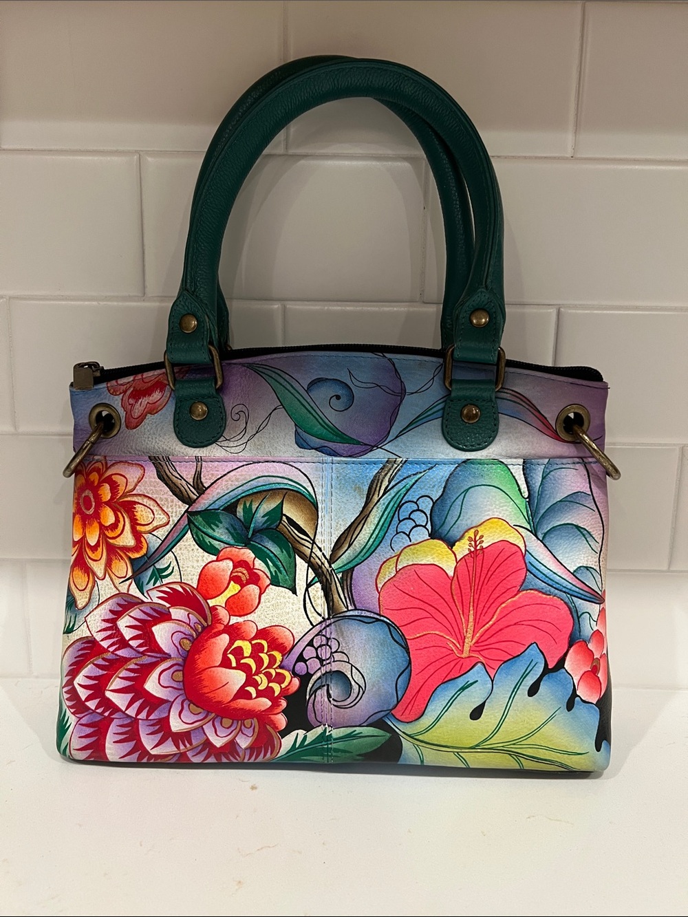 Anuschka Hand-Painted Floral Satchel in Teal and Multicolor